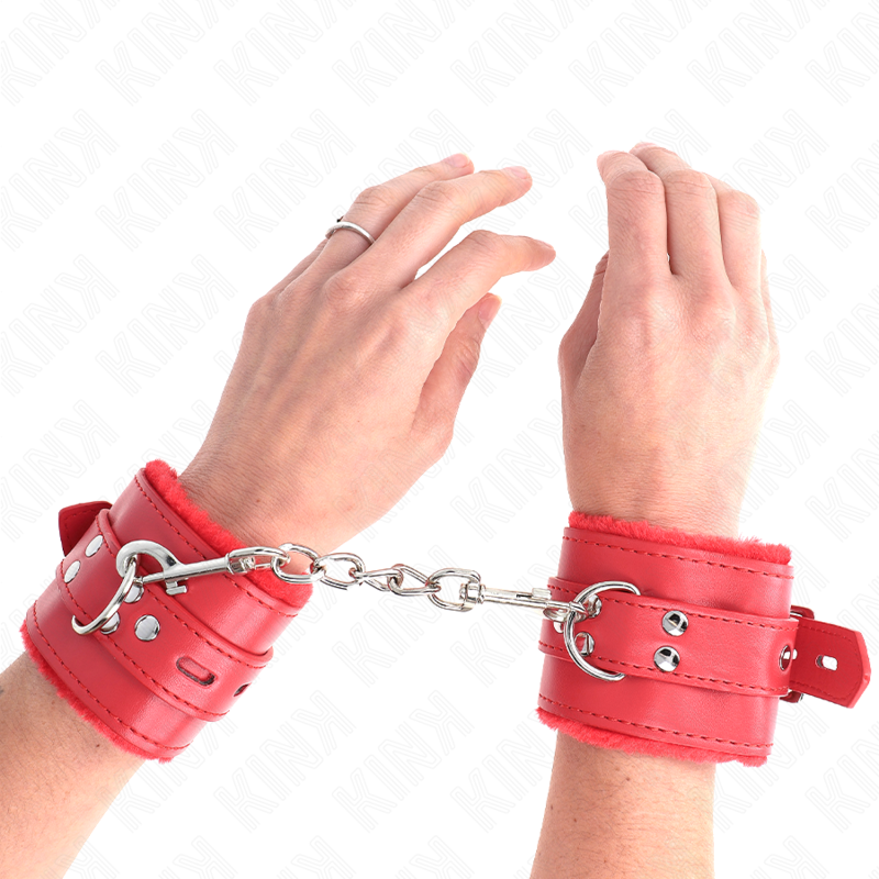 KINK - FUR-LINED WRIST RESTRAINTS WITH SQUARE HOLES, RED AND RED BELT, ADJUSTABLE 17-29 CM X 6 CM
