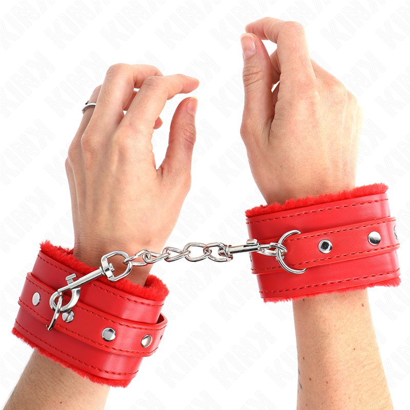 KINK - PREMIUM FUR-LINED WRIST RESTRAINTS RED WITH RED BELT ADJUSTABLE 17-29 CM X 6 CM