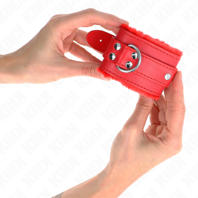 KINK - FUR-LINED WRIST CUFFS RED WITH RED BELT ADJUSTABLE 17-29 CM X 6 CM