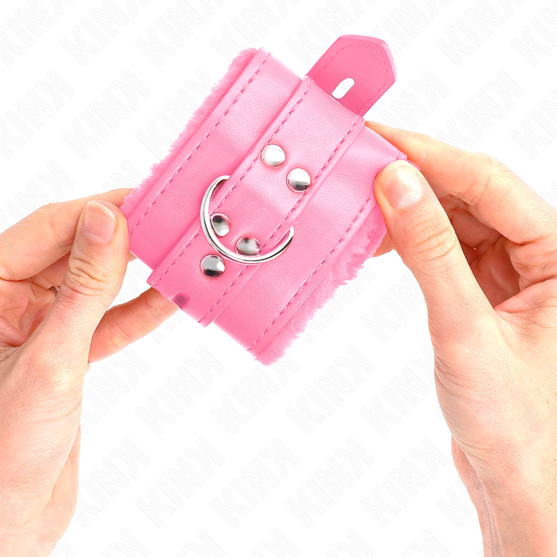 KINK - FUR-LINED WRIST RESTRAINTS WITH SQUARE HOLES, PINK AND PINK BELT, ADJUSTABLE 17-29 CM X 6 CM