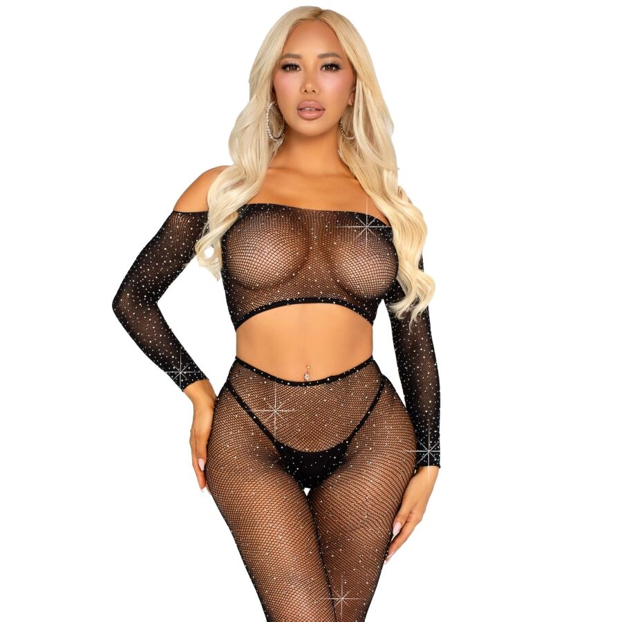 LEG AVENUE - CROP TOP AND NET LEGGING WITH RHINESTONES BLACK