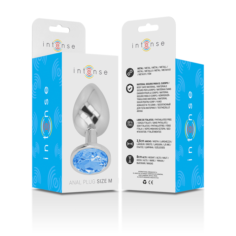 INTENSE - ALUMINUM METAL ANAL PLUG WITH BLUE GLASS, SIZE M
