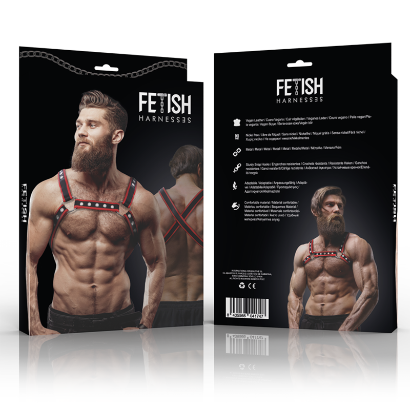 FETISH SUBMISSIVE ATTITUDE - MEN'S ECO-LEATHER BULLDOG CHEST DISHES, BLACK/RED