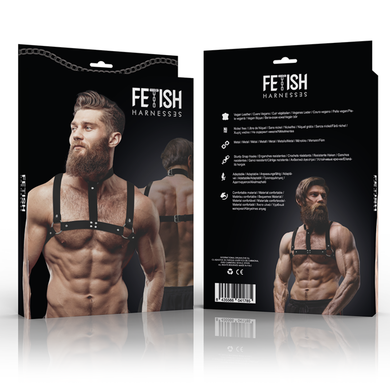 FETISH SUBMISSIVE ATTITUDE - ADJUSTABLE ECO-LEATHER CHEST HARNESS WITH NECK CHAIN ​​FOR MEN