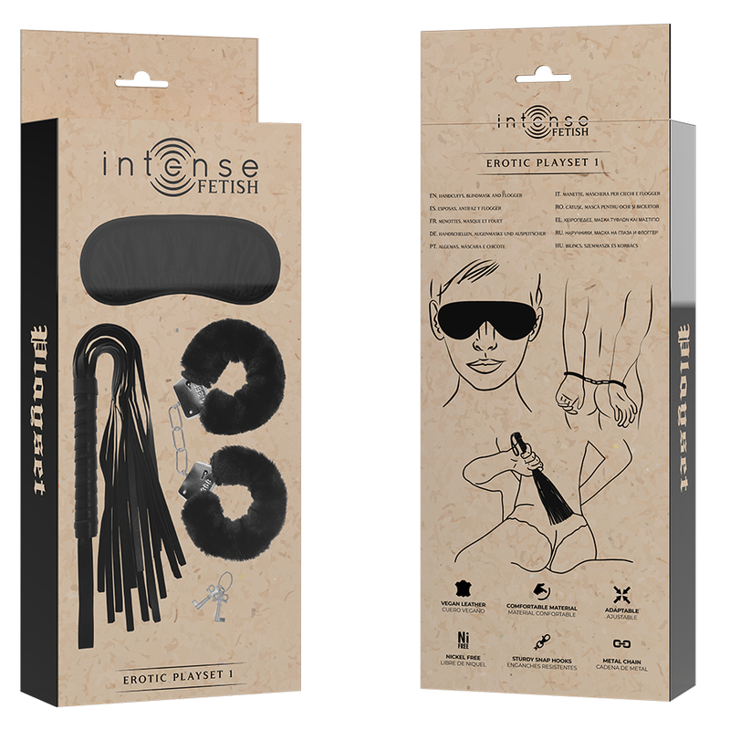 INTENSE - FETISH EROTIC GAME SET 1 WITH HANDCUFFS, BLIND MASK AND WHIP