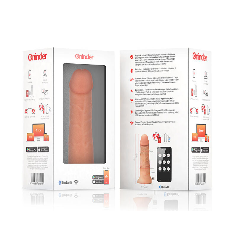 ONINDER - LARGE BOGOTÁ VIBRATOR DILDO, 9 SPEEDS, NATURAL, 22 CM -O- 4.5 CM - FREE APP