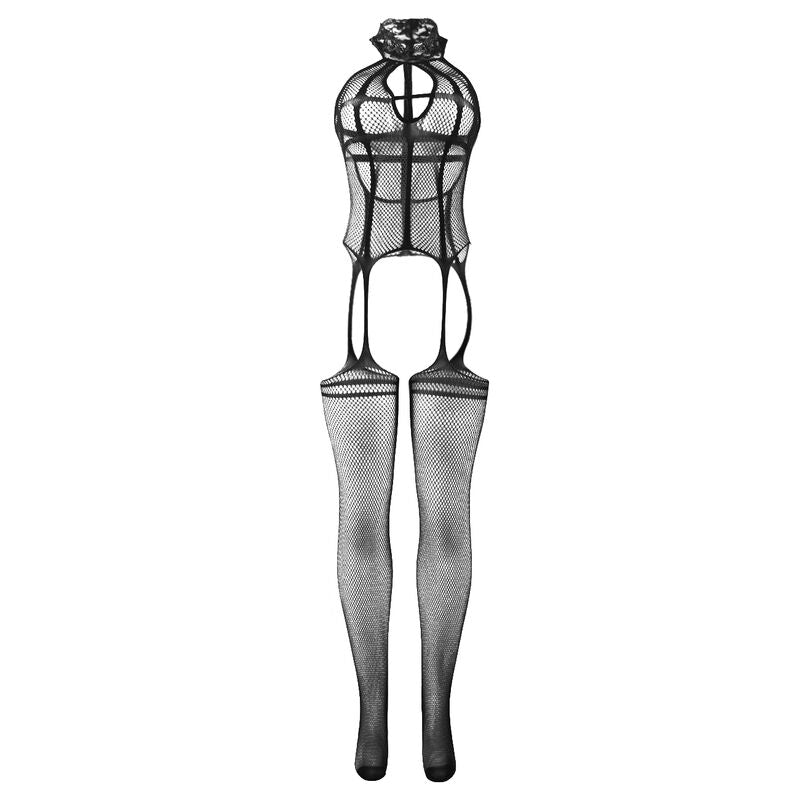 SUBBLIME - 951986 Mesh Bodystockings, Crotchless, with Prints at Neck, Black, One Size