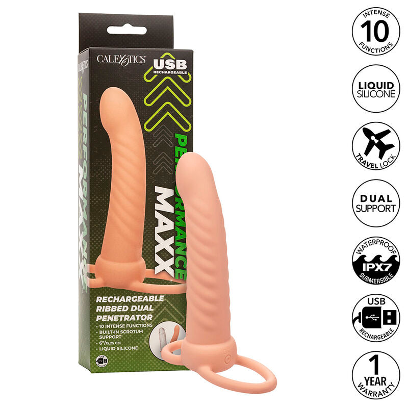 CALEXOTICS - MAXX RIBBED DUAL PENETRATOR 10 VIBRATIONS MEAT