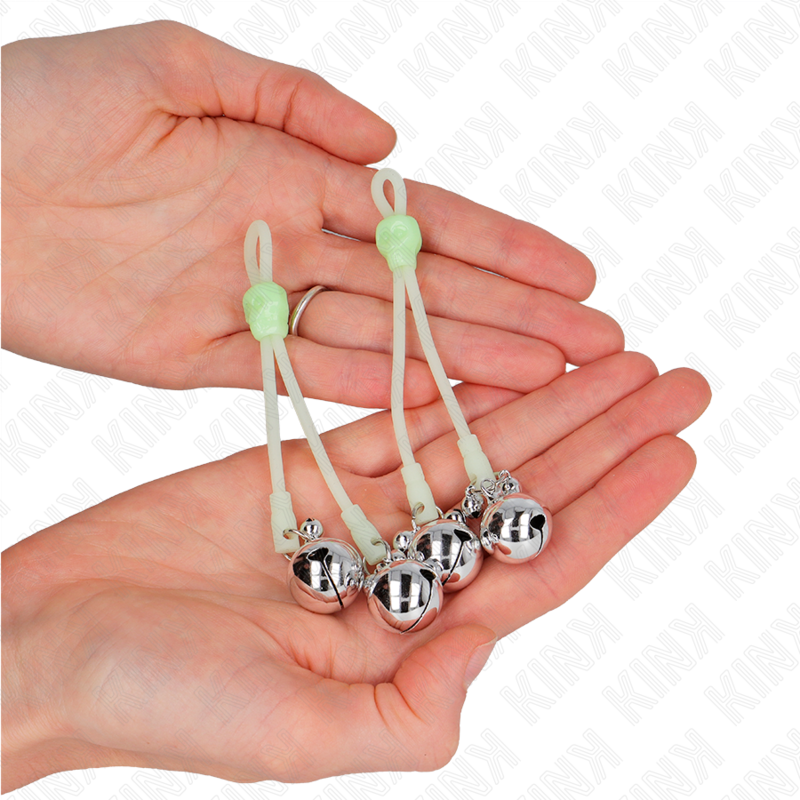 KINK - Glow-in-the-Dark Skull Nipple Clips with Adjustable Ring Bells, Green/Silver