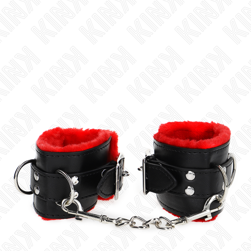 KINK - FUR-LINED WRIST RESTRAINTS WITH SQUARE HOLES, RED AND BLACK BELT, ADJUSTABLE 17-29 CM X 6 CM