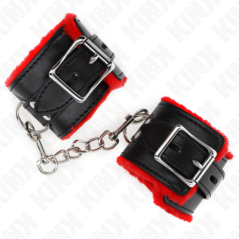 KINK - FUR-LINED WRIST RESTRAINTS WITH SQUARE HOLES, RED AND BLACK BELT, ADJUSTABLE 17-29 CM X 6 CM