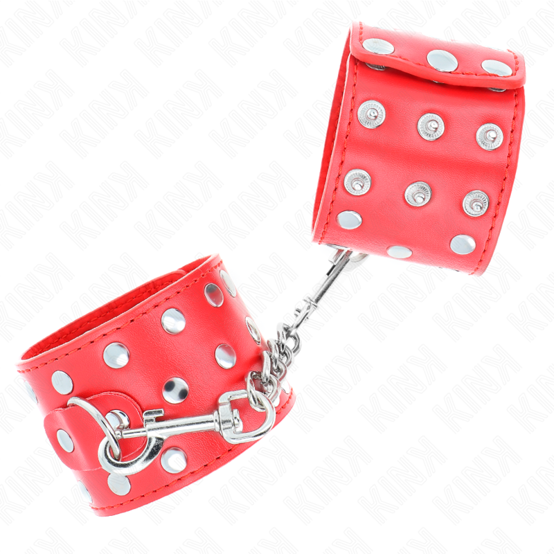 KINK - WRIST RESTRAINTS WITH PUSH CLOSURE, FULL OF RIVETS, RED, ADJUSTABLE 19-24 CM X 5.5 CM