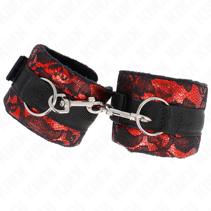 KINK - Short VELVET LACE AND NYLON WRIST RESTRAINTS RED/BLACK 23 X 6.5 CM