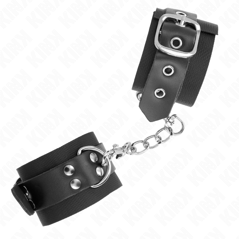 KINK - NYLON WRIST RESTRAINTS BLACK WITH BLACK LEATHER STRAPS ADJUSTABLE 19-29 CM X 5.1 CM
