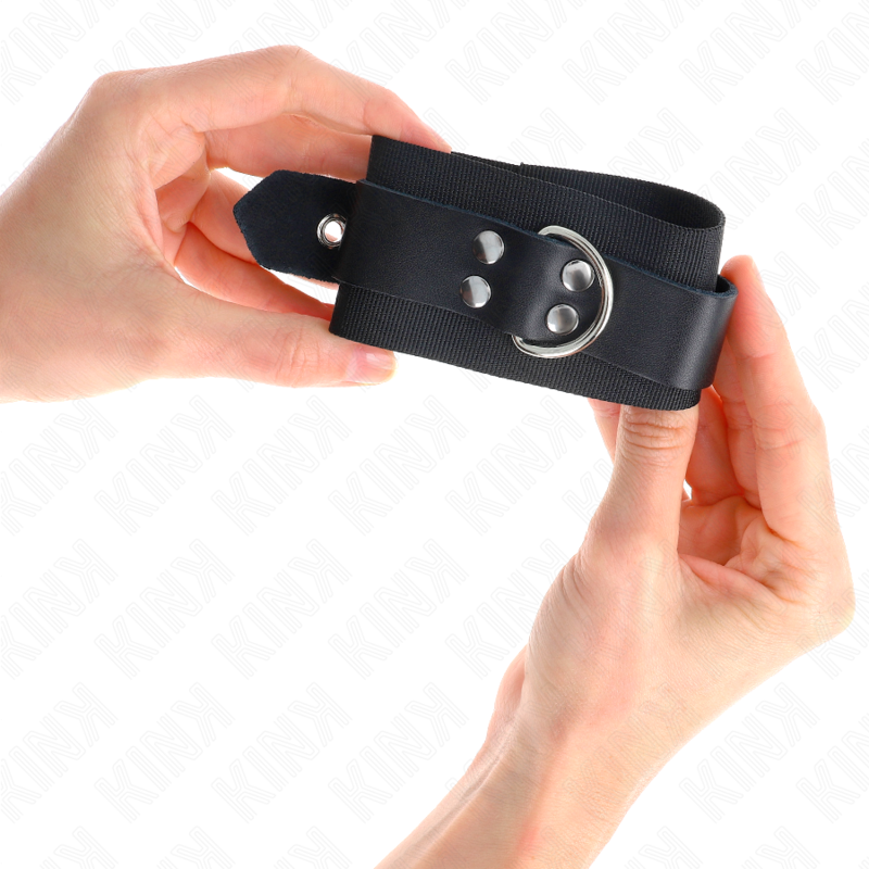 KINK - NYLON WRIST RESTRAINTS BLACK WITH BLACK LEATHER STRAPS ADJUSTABLE 19-29 CM X 5.1 CM