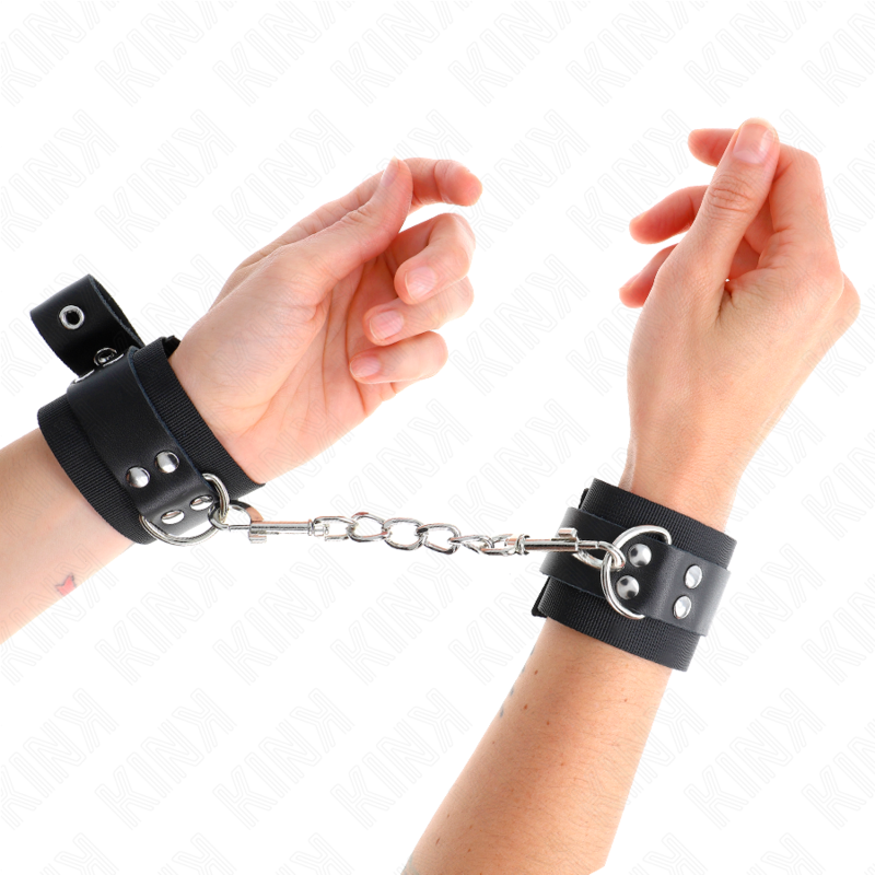 KINK - NYLON WRIST RESTRAINTS BLACK WITH BLACK LEATHER STRAPS ADJUSTABLE 19-29 CM X 5.1 CM