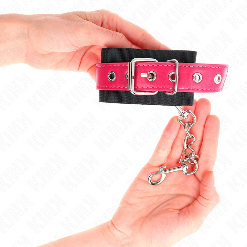KINK - BLACK NYLON WRIST CUFFS WITH RASPBERRY PINK FAUX LEATHER BELT, ADJUSTABLE 19-29 CM X 5.1 CM