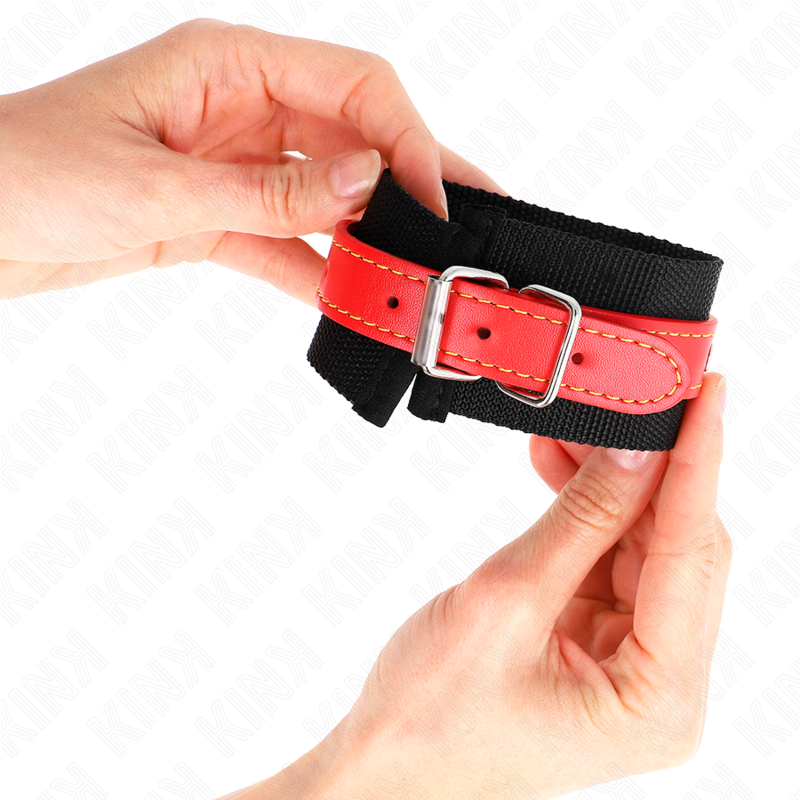 KINK - NYLON WRIST CUFFS BLACK WITH RED FAUX LEATHER ADJUSTABLE 19-24 CM X 5.5 CM