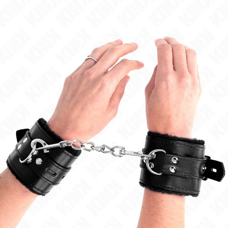 KINK - FUR-LINED WRIST RESTRAINTS WITH SQUARE HOLES, BLACK AND BLACK, ADJUSTABLE BELT 17-29 CM X 6 CM