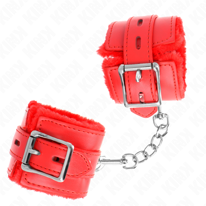 KINK - FUR-LINED WRIST RESTRAINTS WITH SQUARE HOLES, RED AND RED BELT, ADJUSTABLE 17-29 CM X 6 CM