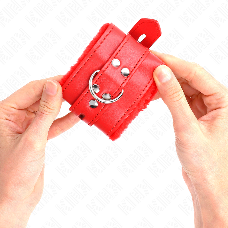 KINK - FUR-LINED WRIST RESTRAINTS WITH SQUARE HOLES, RED AND RED BELT, ADJUSTABLE 17-29 CM X 6 CM