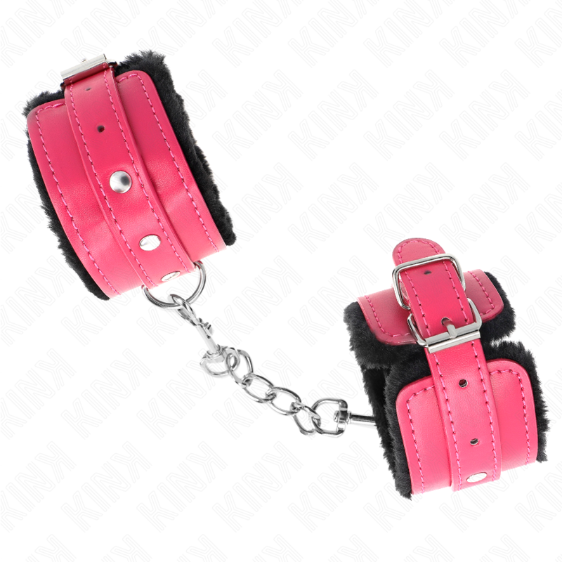 KINK - PREMIUM FUR-LINED WRIST RESTRAINTS BLACK WITH RASPBERRY ROSE BELT ADJUSTABLE 17-29 CM X 6 CM