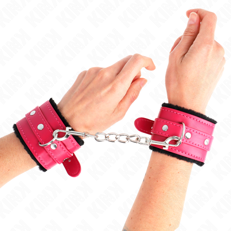 KINK - PREMIUM FUR-LINED WRIST RESTRAINTS BLACK WITH RASPBERRY ROSE BELT ADJUSTABLE 17-29 CM X 6 CM