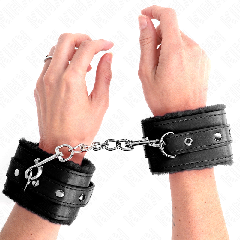 KINK - PREMIUM FUR-LINED WRIST RESTRAINTS BLACK WITH BLACK BELT ADJUSTABLE 17-29 CM X 6 CM