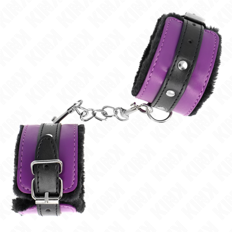 KINK - PREMIUM FUR-LINED WRIST RESTRAINTS BLACK WITH PURPLE / BLACK BELT ADJUSTABLE 17-29 CM X 6 CM