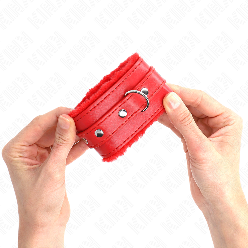 KINK - PREMIUM FUR-LINED WRIST RESTRAINTS RED WITH RED BELT ADJUSTABLE 17-29 CM X 6 CM