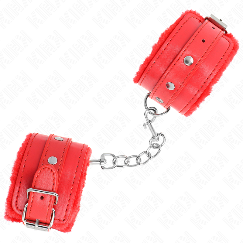 KINK - PREMIUM FUR-LINED WRIST RESTRAINTS RED WITH RED BELT ADJUSTABLE 17-29 CM X 6 CM