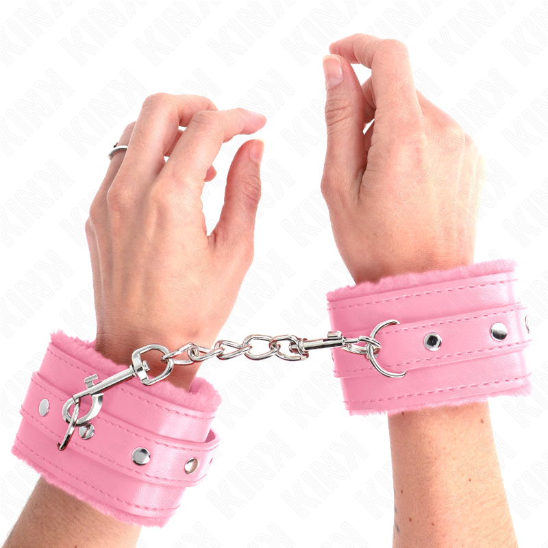KINK - PREMIUM FUR-LINED WRIST RESTRAINTS PINK WITH PINK BELT ADJUSTABLE 17-29 CM X 6 CM