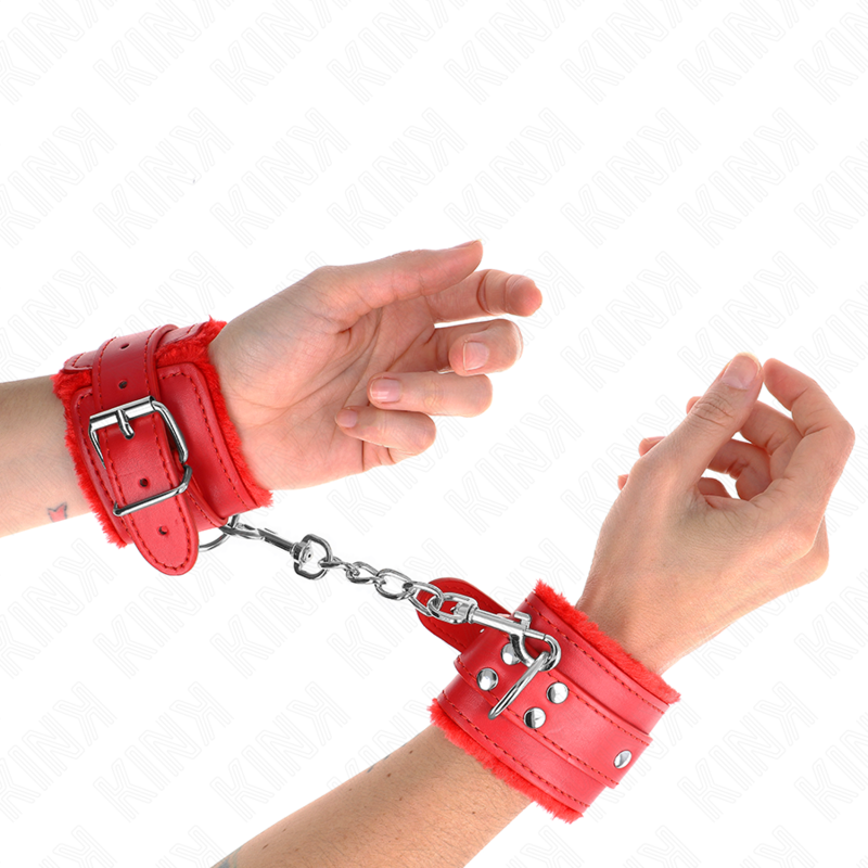 KINK - FUR-LINED WRIST CUFFS RED WITH RED BELT ADJUSTABLE 17-29 CM X 6 CM