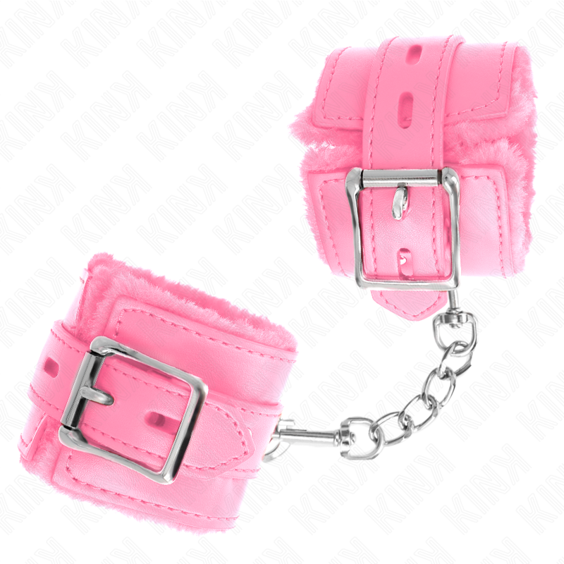 KINK - FUR-LINED WRIST RESTRAINTS WITH SQUARE HOLES, PINK AND PINK BELT, ADJUSTABLE 17-29 CM X 6 CM