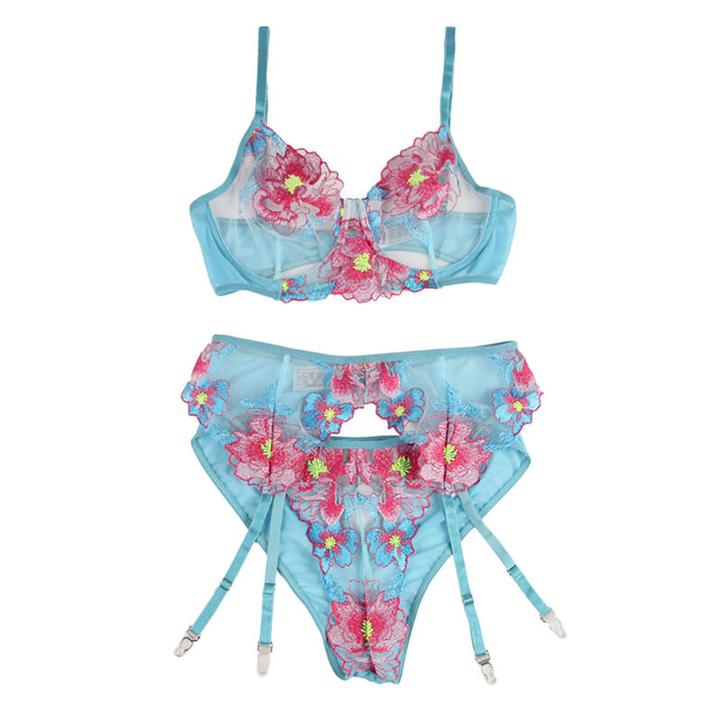 SUBBLIME - 954109 Bra + Panties with Garter Belt Floral Design Blue S/M