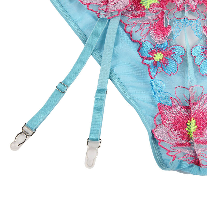 SUBBLIME - 954116 Bra + Panties with Garter Belt Floral Design Blue L/XL