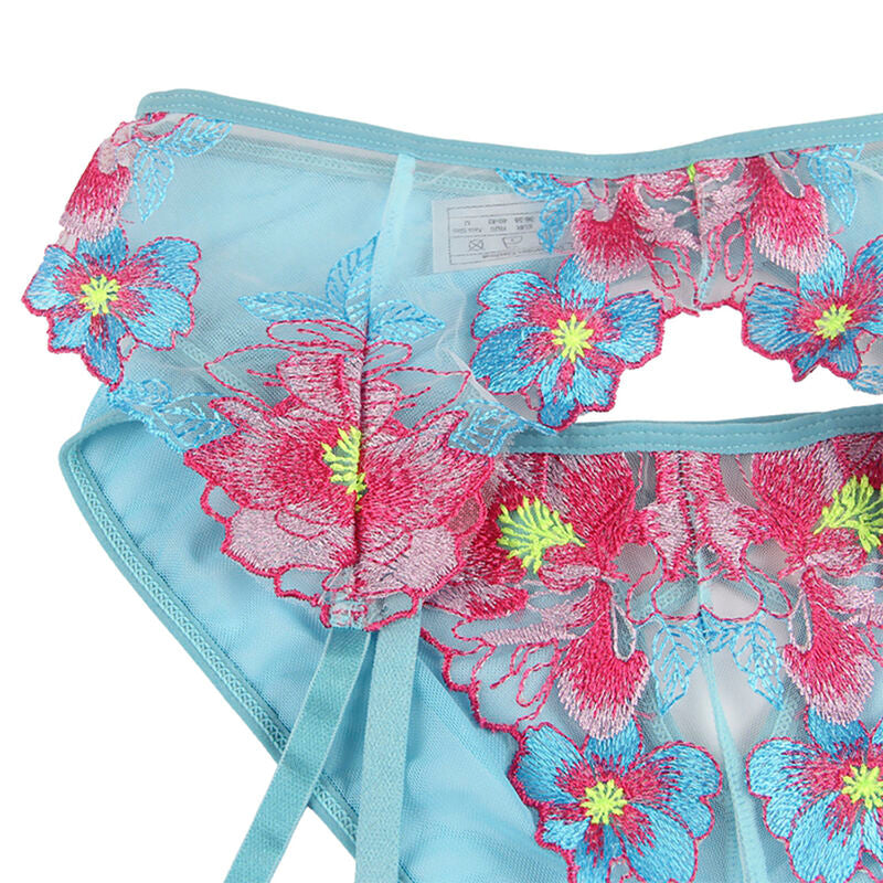 SUBBLIME - 954116 Bra + Panties with Garter Belt Floral Design Blue L/XL