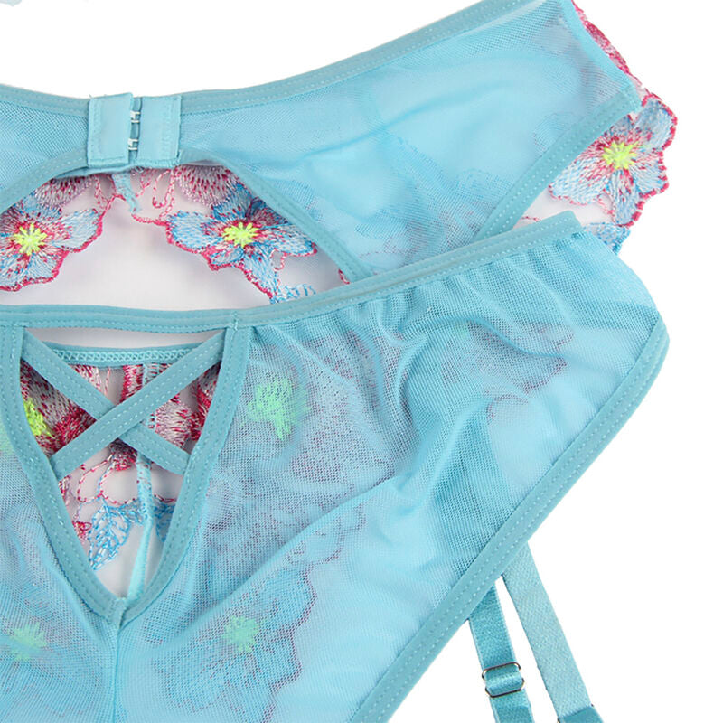 SUBBLIME - 954116 Bra + Panties with Garter Belt Floral Design Blue L/XL