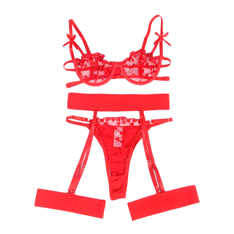 SUBBLIME - 954321 Bra + Thong + Stocking Belt with Heart Print Red S/M
