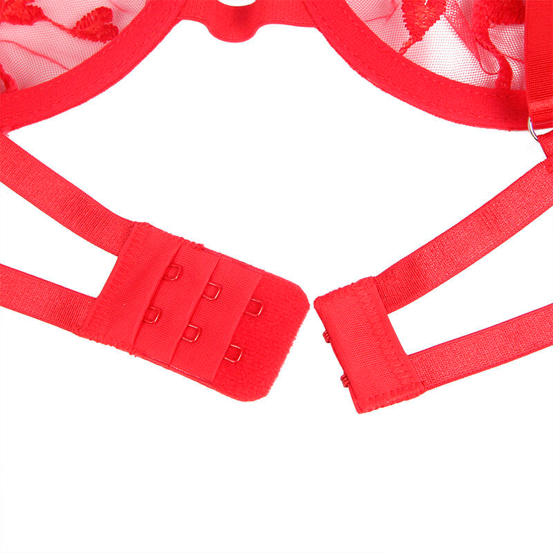 SUBBLIME - 954321 Bra + Thong + Stocking Belt with Heart Print Red S/M