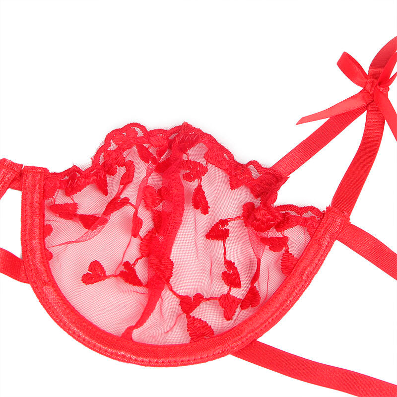 SUBBLIME - 954338 Bra + Thong + Stocking Belt with Heart Print Red L/XL