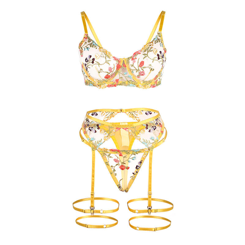 SUBBLIME - 954345 Bra + String + Garter Belt Floral Design Yellow S/M