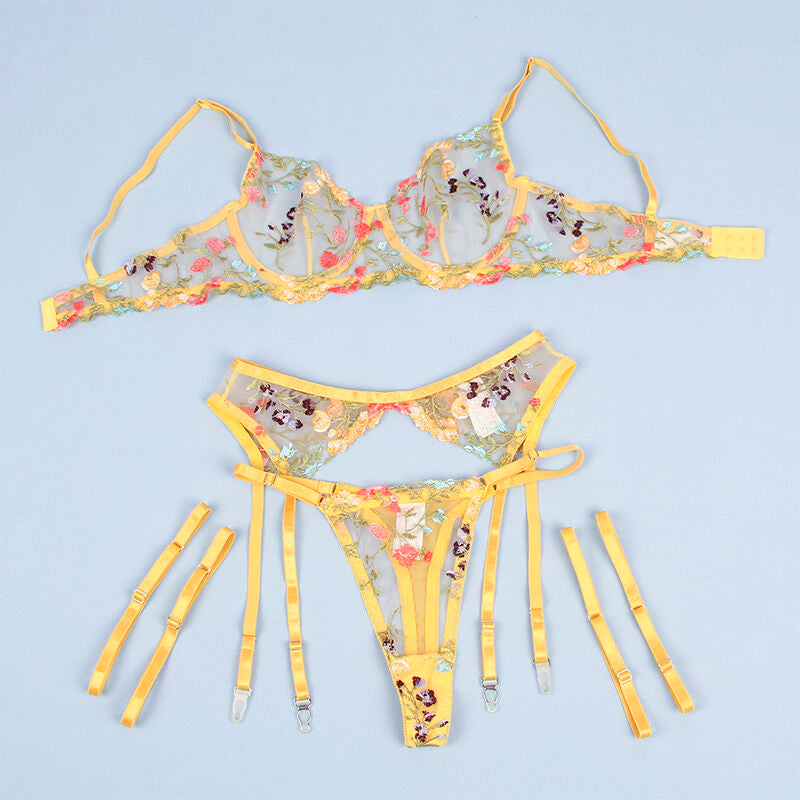 SUBBLIME - 954352 Bra + String + Garter Belt Floral Design Yellow L/XL