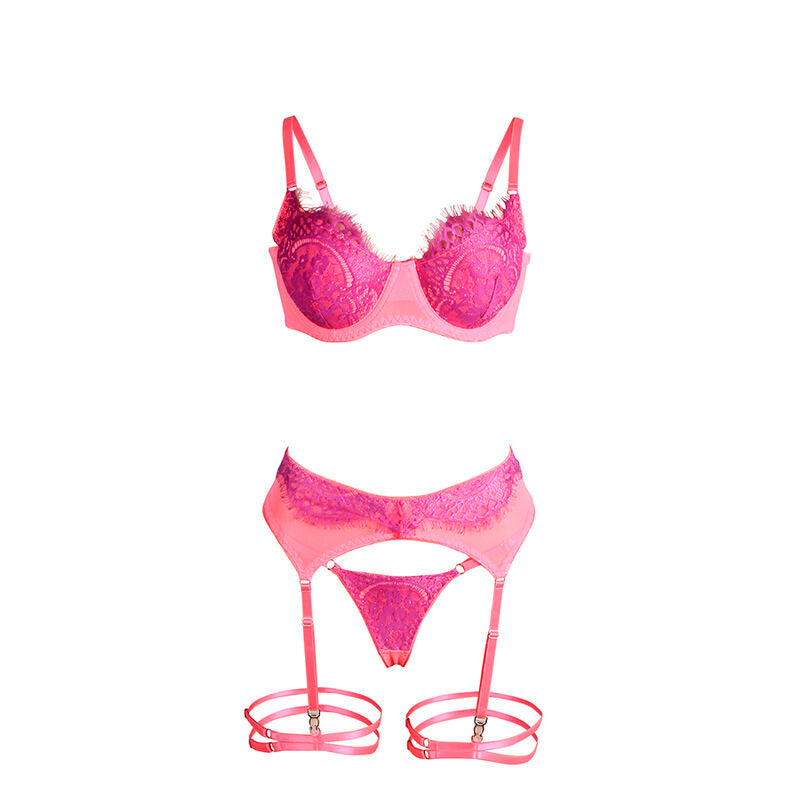 SUBBLIME - 955359 BH-SET MIT SPITZE UND STRUMPFBÄNDERN ROSA UND LILA S/M