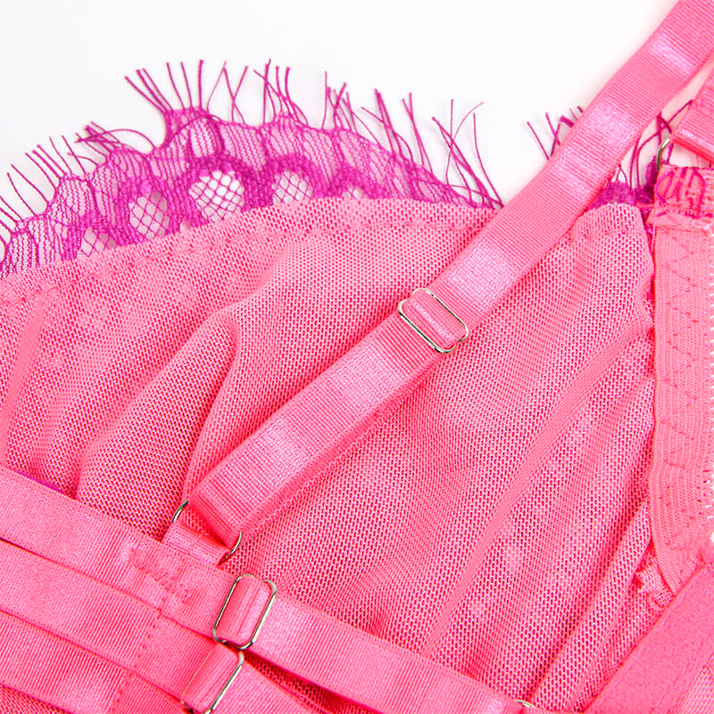 SUBBLIME - 955359 BH-SET MIT SPITZE UND STRUMPFBÄNDERN ROSA UND LILA S/M