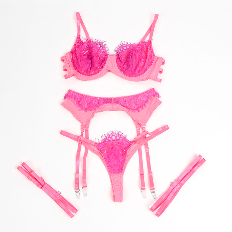 SUBBLIME - 955366 Bra Set with Lace and Garter Belt Pink and Purple L/XL