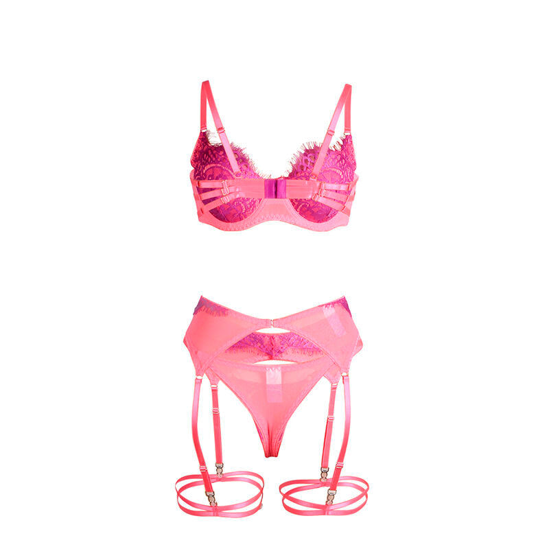 SUBBLIME - 955366 BH-SET MIT SPITZE UND STRUMPFBAND ROSA UND LILA L/XL