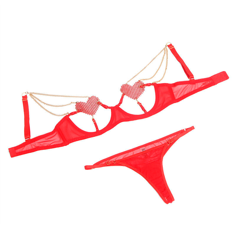 SUBBLIME - 955519 Bra Set with Chains and Mesh Heart Red S/M