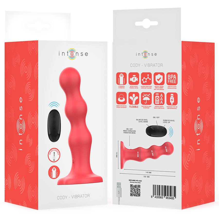 INTENSE - CODY VIBRATOR WITH SUCTION CUPS RED REMOTE CONTROL