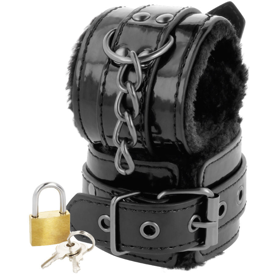 DARKNESS - BLACK, ADJUSTABLE LEATHER HANDCUFFS WITH CLOSURE LOCK